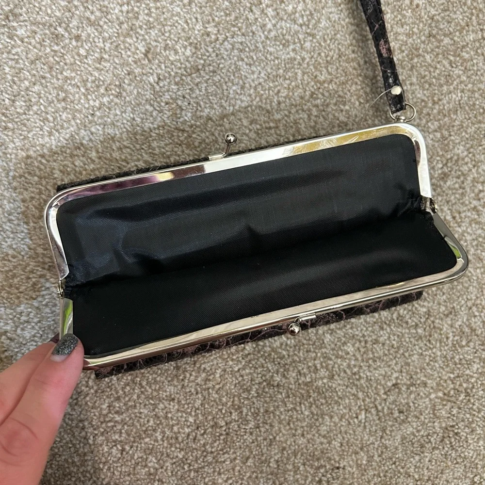 Floral Faux Snakeskin Black and Pink‎ Clutch Wristlet